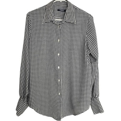 Chaps Houndstooth Long Sleeve Black White Satin Button Up Preppy Cuffed SZ:M