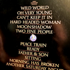 Cat Stevens Greatest Hits Lp poster with song titles, “Born in 1948 London” text, and blue-toned abstract background.