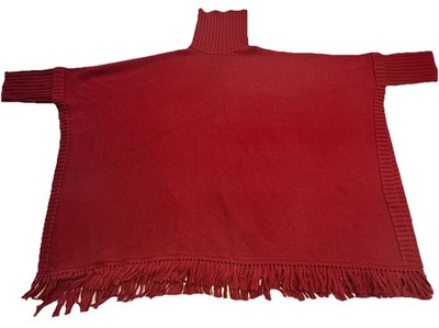 Bloomingdales Red Knit Womens One Size Poncho Sweater Cowl Neck Fringe Hem