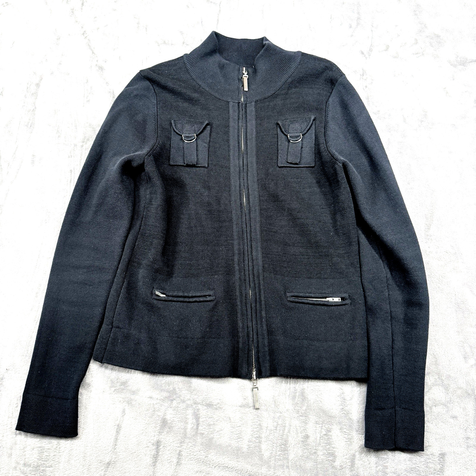 Cardigan Sweater Jacket Womans M Navy Blue Full Zip Lng Sleeve Cotton Blend OLO-image
