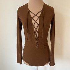 Reformation Avalon Ribbed Lace Up Long Sleeve Cocoa Brown Bodysuit EUC Size M