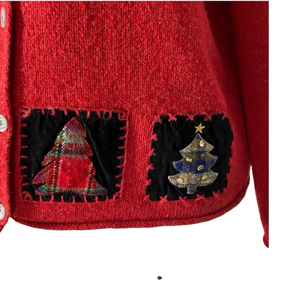 VINTAGE LIZ CLAIBORNE Patchwork Christmas Tree Cardigan Large Granny Holiday 90s - Image 4 of 4