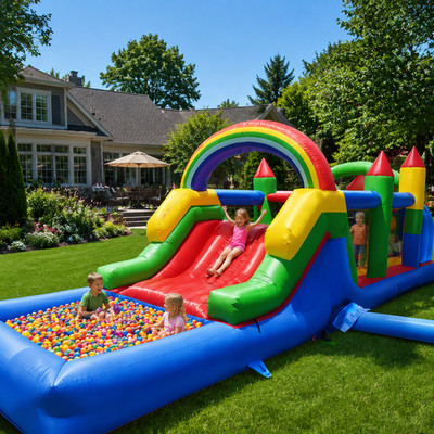 Commercial PVC Inflatable Bounce House Obstacle Course Dual Tunnel With Blower
