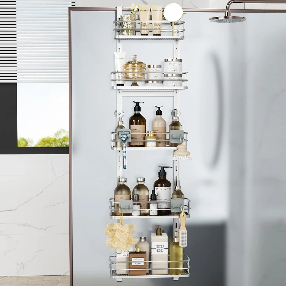 Carrito de ducha compacto colgante de 5 niveles - ajustable con 4 ganchos y diseño a prueba de óxido Foto 3 de 4