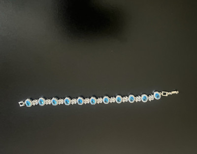 Silver Tone Blue & Clear Round Cubic Zirconia Tennis Bracelet Box Closure