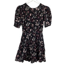 Reformation Black Floral Puff Sleeve Tie Back Mini Dress Size 2 Made in USA