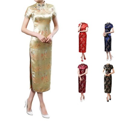 Damen Cheongsam Kleid lang chinesisch traditionell schmale Passform Stehkragen D