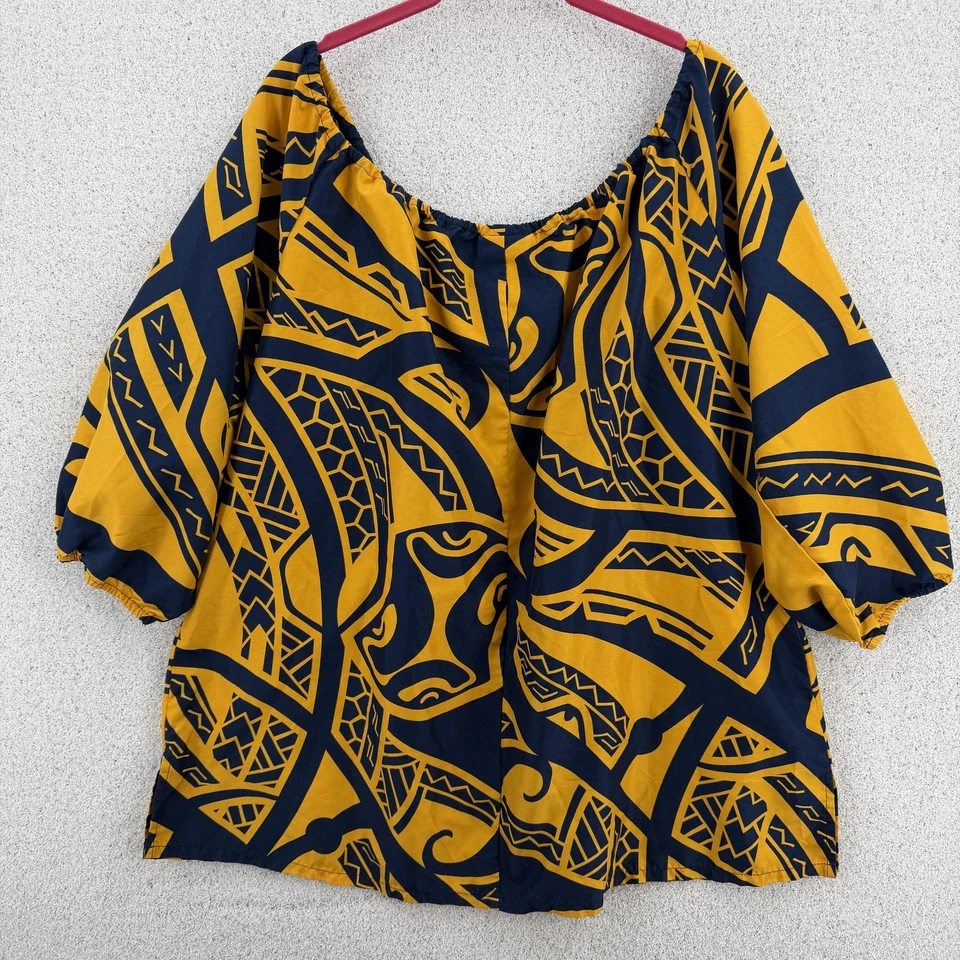 Manuheali'i Shirt Womens XL Yellow Navy Hawaiian Peasant Boho Puff Sleeve Blouse - Image 2 of 4