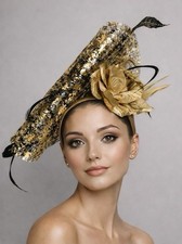 Ascot Fascinator Kentucky Derby Gold Leaf Silver, Black, Headband