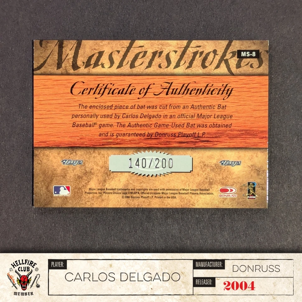 Donruss Studio 2004 - Master Strokes Carlos Delgado/200 reliquia de murciélago (#MS-8) Foto 4 de 4