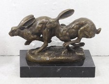 Two Running Hares - Solid Bronze Sculpture with Marble Base