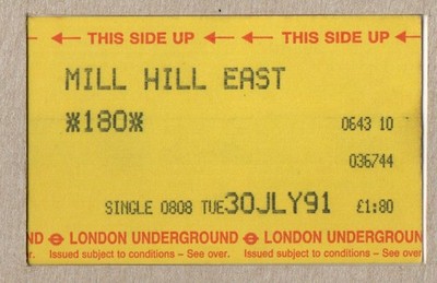 Mill Hill East 10 - UTS London Underground Ticket - London NW7 - Northern Line