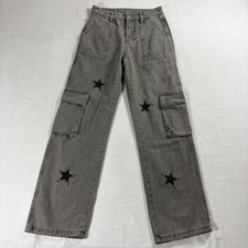 Womens Gray Cargo Jeans Star Patch Y2K Grunge Streetwear Baggy Size S Vintage