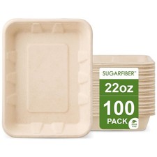100 COUNT Harvest Pack 22 oz Compostable Food Trays, 8.49" x 6.45" x 1.3" Di...