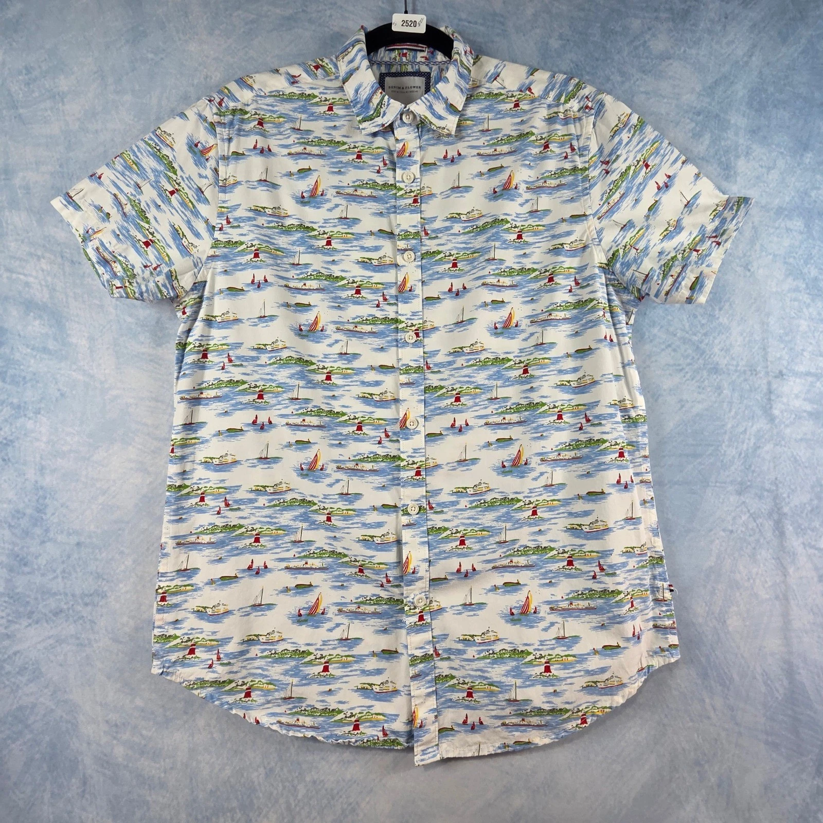 Denim & Flower Mens Slim Fit Nautical Sailboat Lighthouse Short Sleeve Shirt M