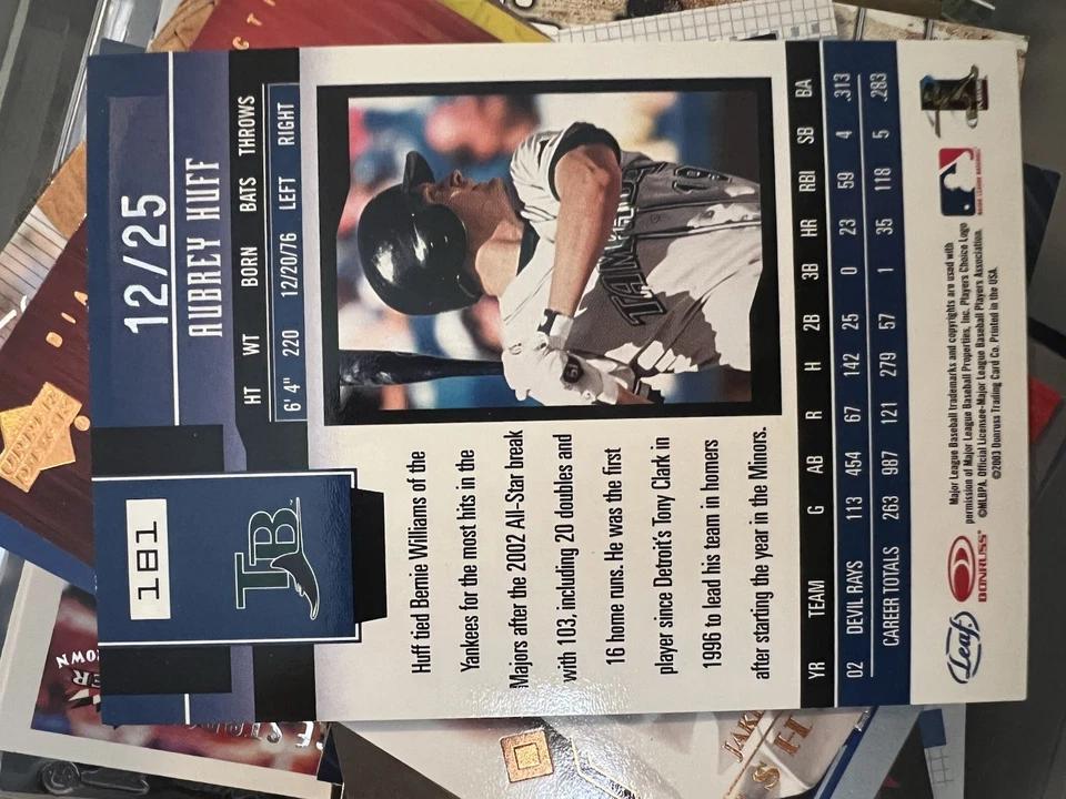 2003 Leaf Certified Materials - Aubrey Huff #181 Mirror Gold /25 - Image 2 of 2