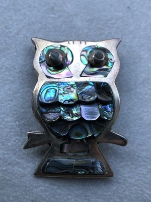 Spooky Looking Sterling Silver Owl Inlayed With Abalone Signed HOB Mexico 925