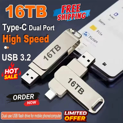 2 in 1 Type C 16TB Dual Drive USB Flash Memory Stick Pen Drive Data Storage PC