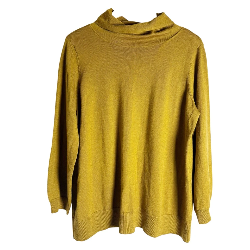 Suéter túnica Eileen Fisher lã merino mostarda manga longa gola alta pequeno G  - Imagem 2 de 4