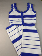 Blue White Striped Crochet Knit 2 Piece Set Maxi Skirt Tank Top Beach Cover Up M