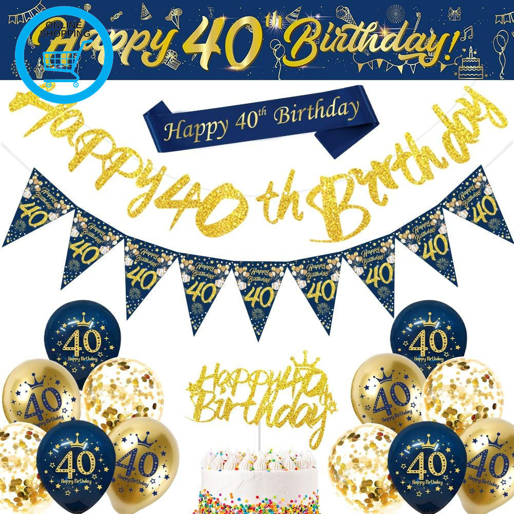 40Th Birthday Decorations, Blue Gold Happy Birthday Banner, Balloons, Bunting Fl