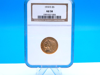 1910 S $5 Indian Head Gold Half Eagle Coin NGC AU58. C102