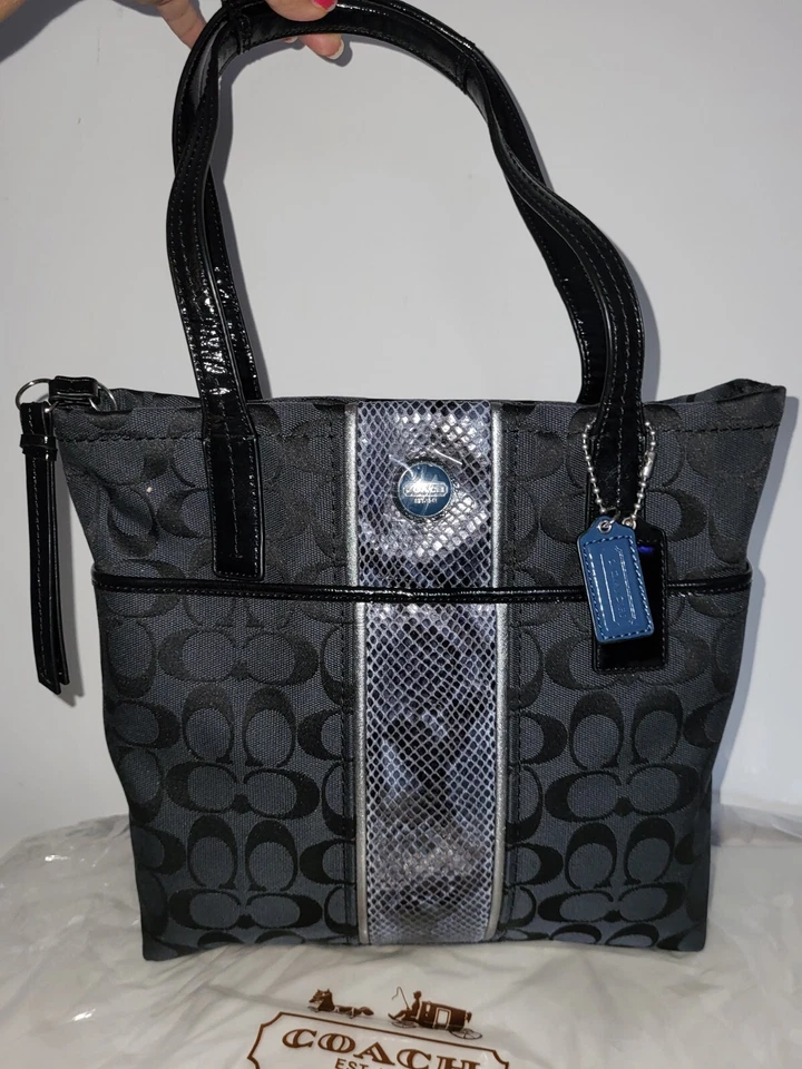 Coach F25706 Stripe Embossed Python Canvas/Patent Leather Tote $298