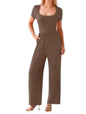 Women's One Piece Jumpsuits Casual Short Sleeve Square Neck Wide Leg Jumpsuit 
