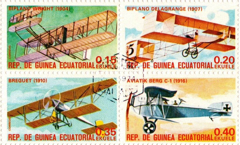 GUINEA ECUATORIAL 1974 AVIONES ANTIGUOS 16 SELLOS HOJA CTO Foto 3 de 4