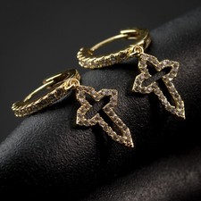 Mens Iced Gold Plated Dangle Cross Cz Hanging Huggie Hoop Earrings