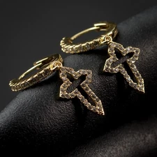 Mens Iced Gold Plated Dangle Cross Cz Hanging Huggie Hoop Earrings