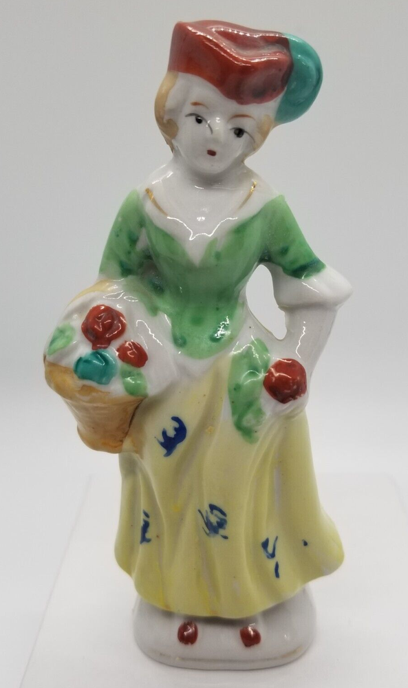 Colonial Woman Floral Basket & Red Hat Ceramic Figurine Occupied Japan VTG