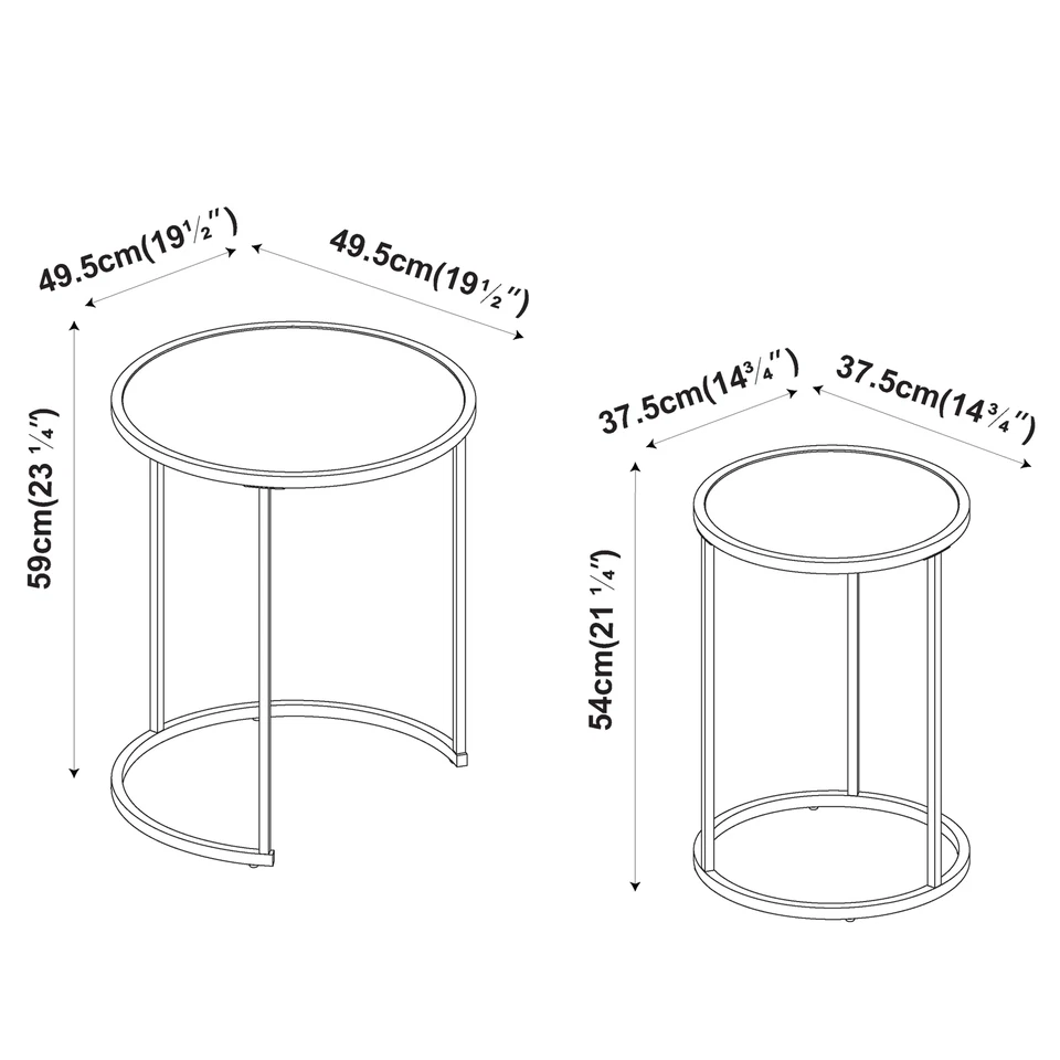 2 Piece Round Nesting Side Tables Set Tempered Glass Top Metal Leg Coffee Tables - Image 2 of 2