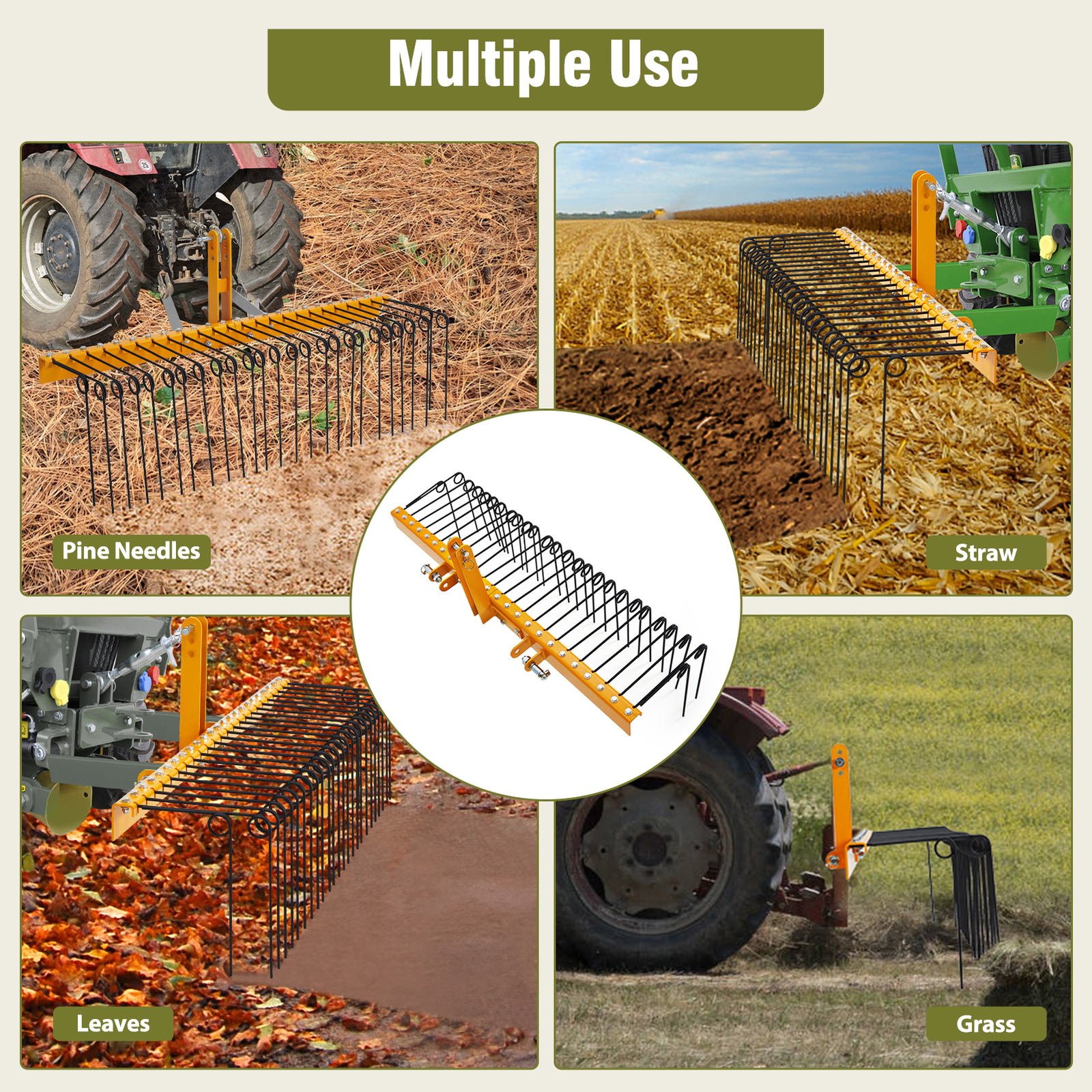 3Point 60" Pine Straw Landscape Rake for Cat0 & Cat1 Tractor High