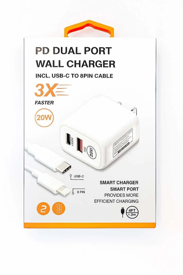 Зарядное устройство настенное быстрое 20 Вт PD два порта и адаптер USB-C для iPhone и iPad - Изображение 3 из 4