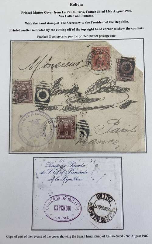 1907 La Paz Bolivia Secretary Of The President Cover To Paris France Via Panama