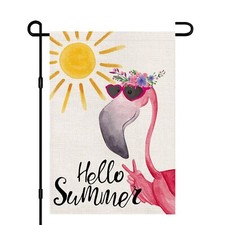 Hello Summer Flamingo Small Garden Flag Burlap Vertical Double Sided 12x18 In...