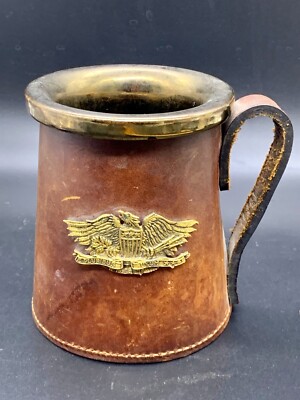 Vintage Leather Bound Crackled Ceramic Mug Tankard Stein Real Hide England