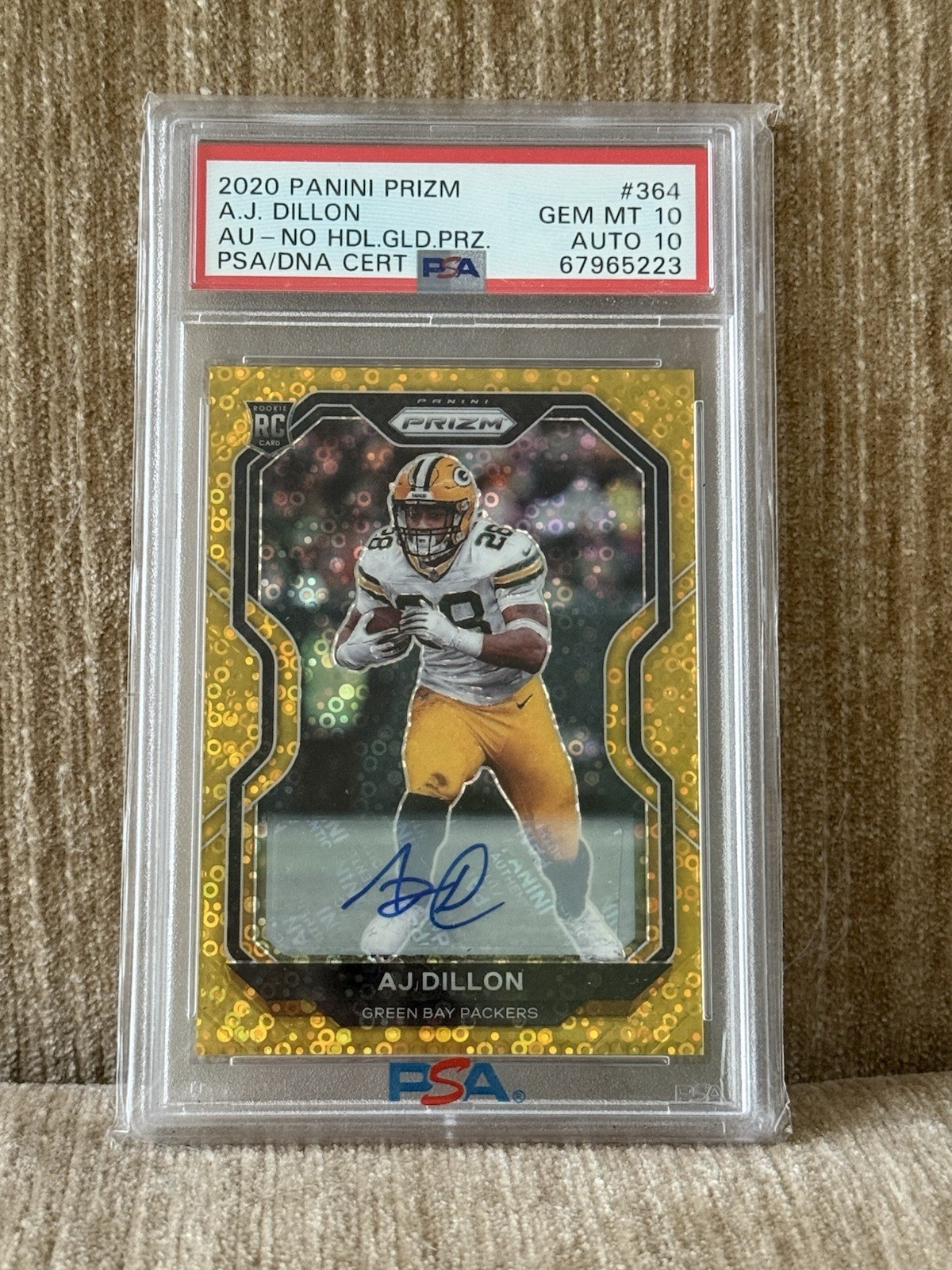 2020 Panini Prizm AJ Dillon Rookie No Huddle Gold Disco Auto /10 RC #364 PSA 10