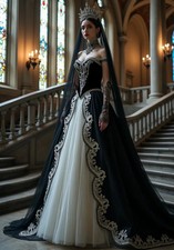 Vintage Black And White Wedding Dress A-Line Gothic Bridal Gown Lace Appliques