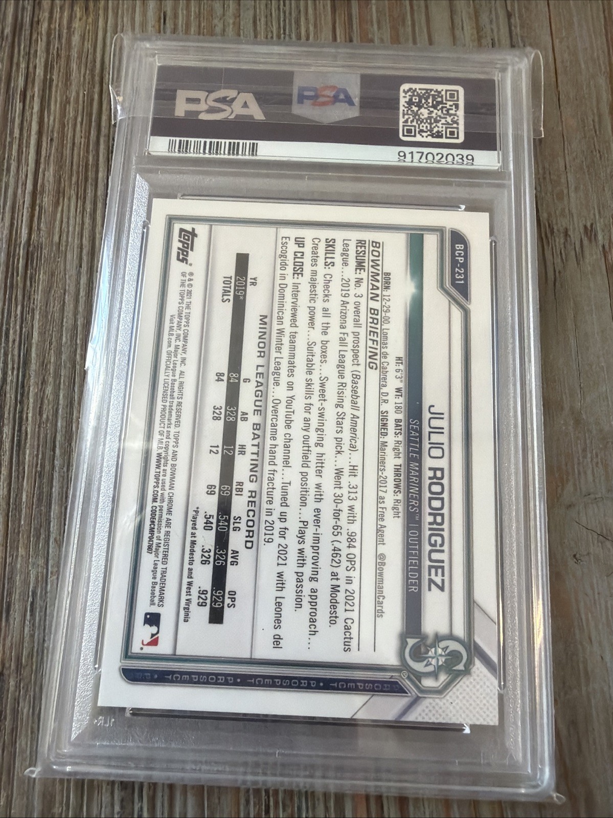 2021 Bowman Chrome Julio Rodriguez BCP231 Purple Shimmer Refractor /250 PSA 10 view 3