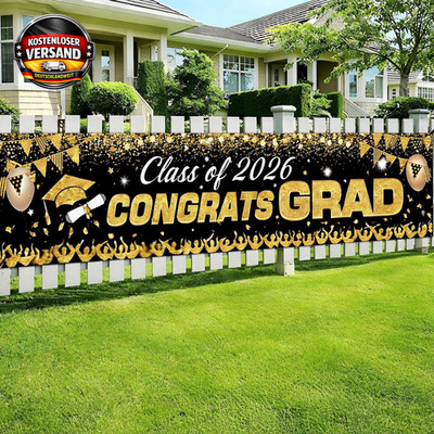 Abschluss Deko Banner Schwarz Gold 300X50Cm Graduation Deko Class of 2026 Congra