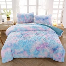 Tie Dye Plush Shaggy Duvet Cover Set Full Size Rainbow Faux Fur Bedding Set f...