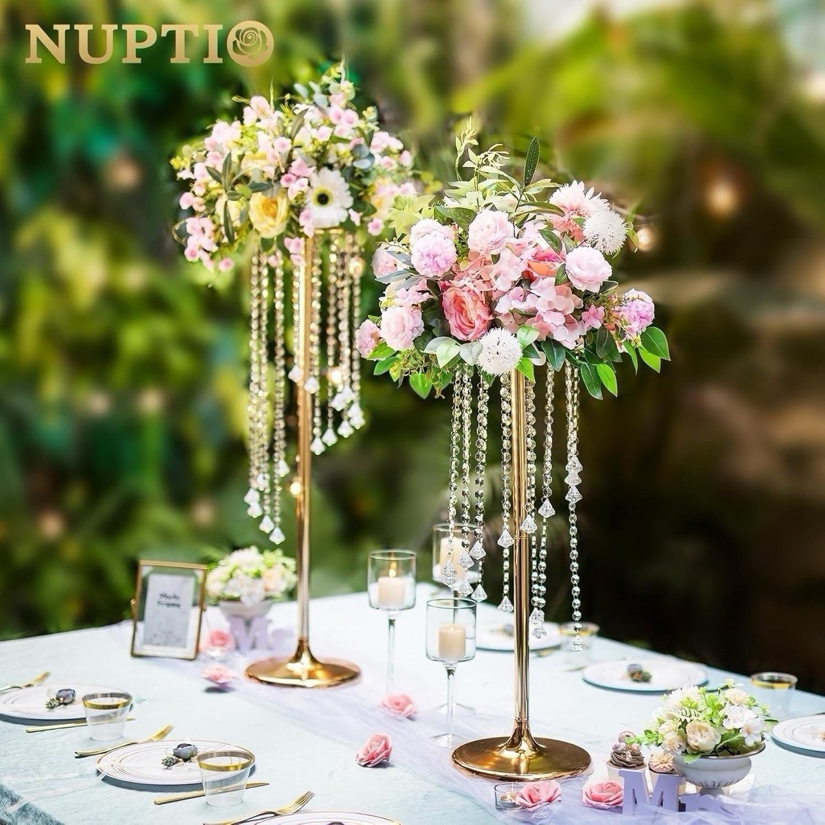 Nuptio 2 Pcs 27.6inch Tall Wedding Centerpieces Gold Vases Crystal