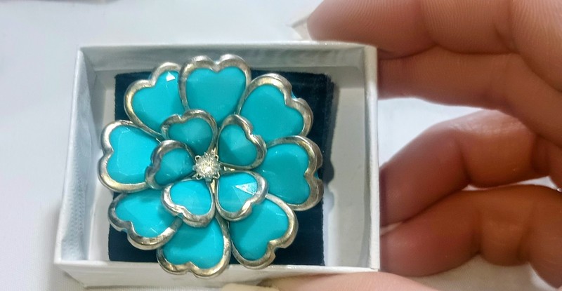 Flower Stretch Statement Ring Turquoise Rhinestones Silver Tone 