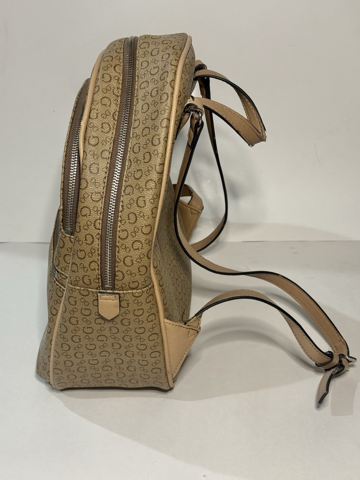 Guess Brown Tan Monogram Pattern Mini Backpack Pu… - image 3