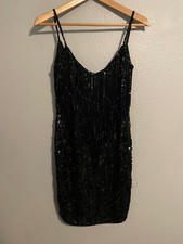 Vintage Nite Line Dress Womens 4 Black Silk Beaded Sequin Slip 90s Gatsby READ