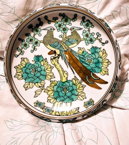 Gold Imari Japanese Porcelain Plate Hand-Painted Peacock & Floral Design, 8.25"
