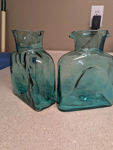Blenko Double Spout Water Bottles (2) Green Glass Great Condition No Chips