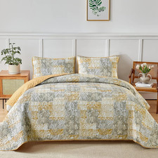 Yellow Boho Quilt Set Queen Size 3 Pieces Grey and Yellow Plaid Floral Bedding S